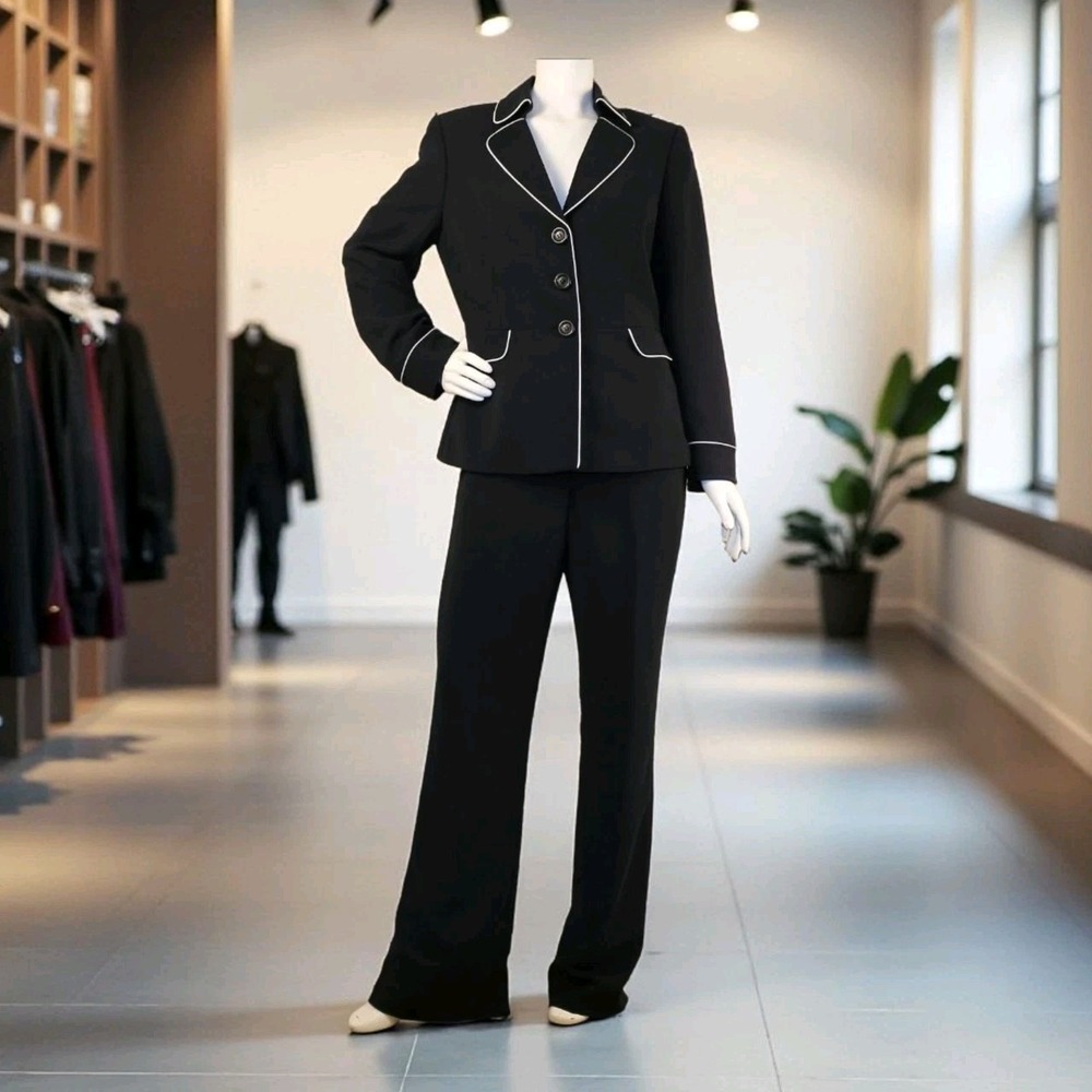 Tahari Arthur S. Levine Pantsuit 12 Navy White Piping Trim Office Elegance Chic